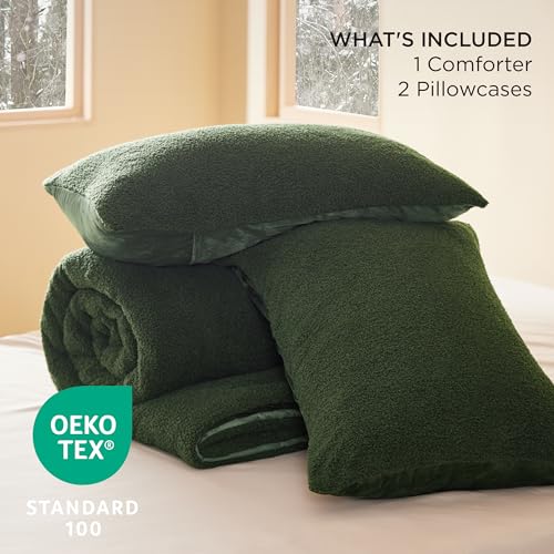 Image of Bedsure Fluffy Plush Queen Comforter Set, Olive Green Bed Set Queen Size, Luxury Ultra-Soft Bedding, 3 Pieces, 1 Solid Comforter (90 inchx90 inch) and 2 Pillowcases (20 inchx26 inch)