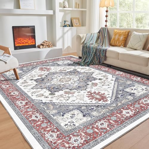 OPPODREAM Soft Area Rugs 9x12 Living Room, Washable Rugs 9x12 with Non Slip Backing, Faux Cashmere Low-Pile 9 x 12 Carpet, Red & Grey