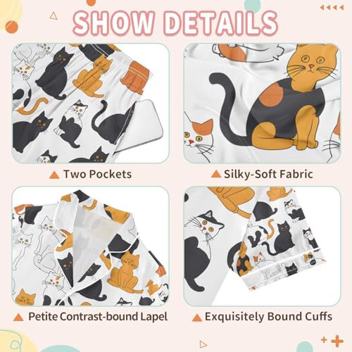 senya Cat Balck with White Satin Summer Pajama Sets Silk Short Sleeve Button Down Sleepwear3