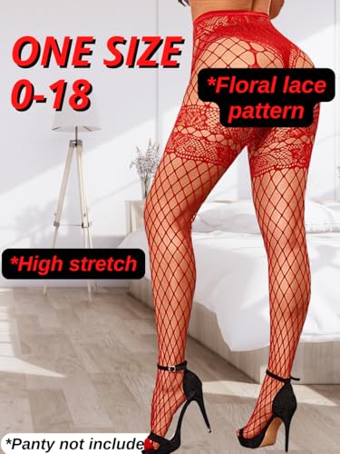Image of ChiaoLezhee Sexy Wide Fishnet Tights, Floral Lace Garter Stockings For Women, Fishnets Fish Net Fits 0-18
