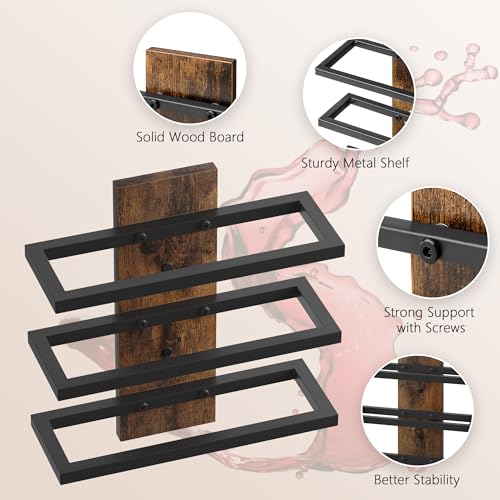 Image of Hoctieon 3 Tier Wall Mount Wine Rack Set (9 Bottles), Wall Mounted Wine Bottle Rack for Display and Storage, Hanging Bottle Holder, for Living Room, Dining Room,Bar,Wine Cellar,Rustic Brown