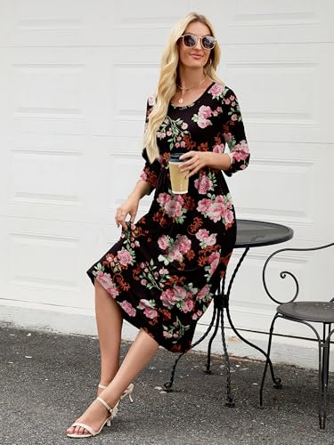 Image of Heymoments Women's Casual 3 /4 Sleeve Midi Dress Crewneck A Line Tiered Flowy Loose Travel Long Dresses with Pockets