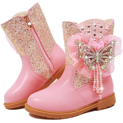 Girls Cowgirl Boots with the Pearls and Sparkle Rhinestone,Mid Calf Western Riding Cowboy Boots,Toddler Little Big Kid Sparkly Dress Up Shoes