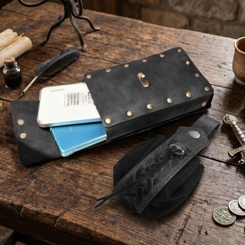 Image of Renaissance Belt Pouch Medieval Viking Leather Bracers Set for LARP