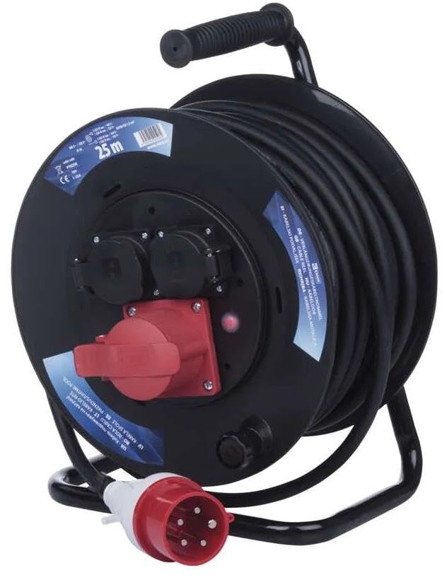 EMOS - Carrete de Cable CEE de 25m - 3 Tomas (1 CEE, 2 Schuko) - Resistente al Agua - 230 V/400 V, 13 A, 3000 W/5000 W - Aislamiento de Goma - H07RN-F 1,5 mm2 - IP44 para Exteriores y Camping