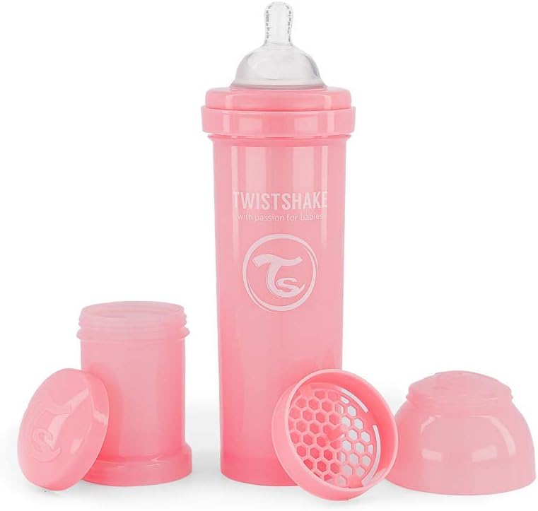 Anti-Colic Baby Bottle with Milk Powder Container and Mixer - 330ml | Fast Flow Silicone Breast-Like Nipple | BPA- Free | Suitable for 4 Month+ | Pink