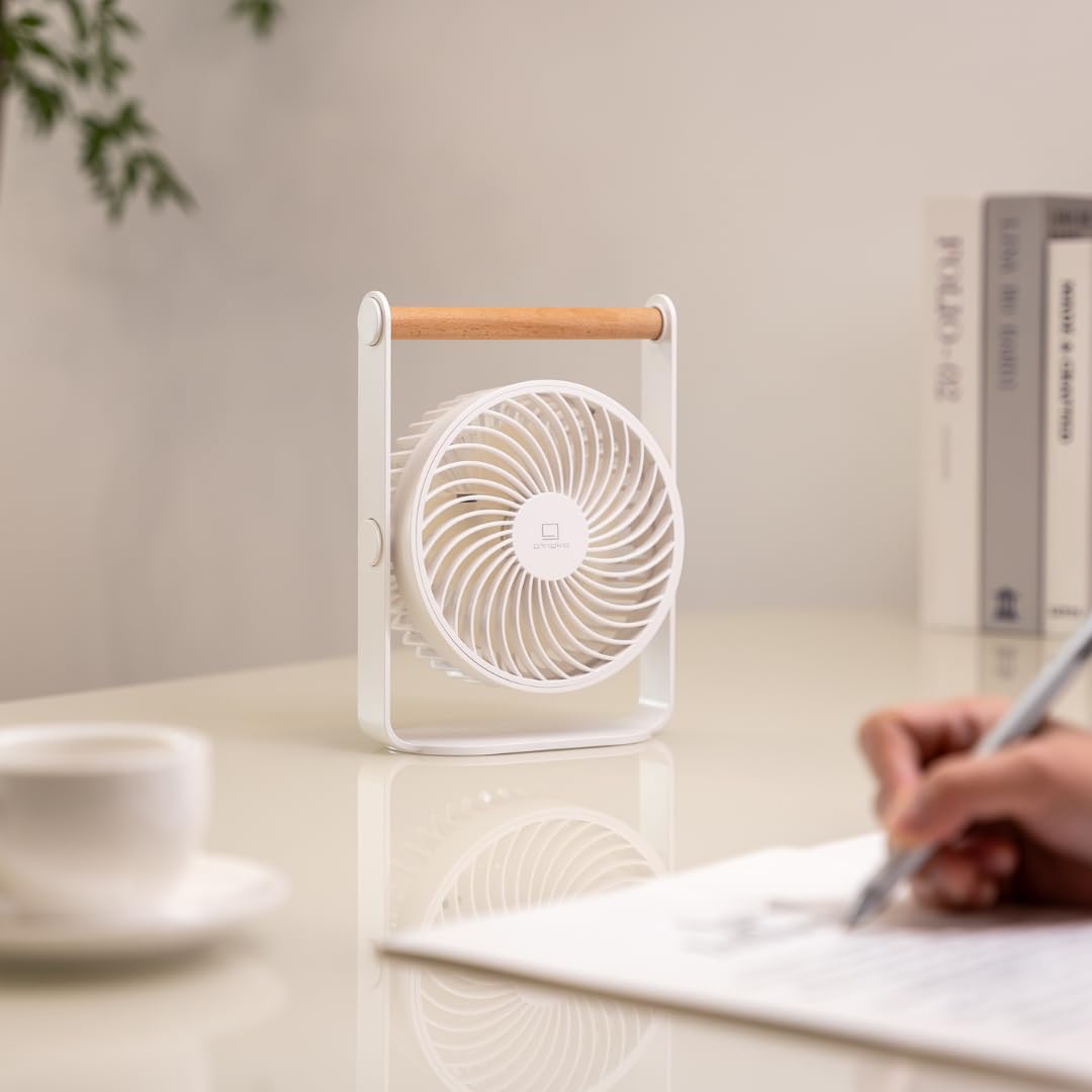 Gingko Lyra - Ventilador portátil - Ventilador de escritorio recargable por USB blanco lunar con mango de madera, ventilador de refrigeración silencioso ajustable de 360°, 3 velocidades + modo de