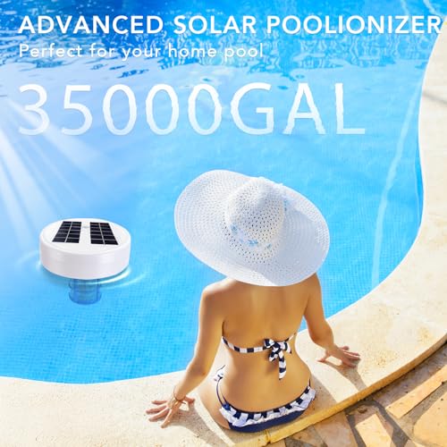 Solar Pool Ionizer - Enhanced with Latest Solar, 90% Less Chlorine, for Pools up to 35,000 Gal, Technology & Longer-Lasting Anode, Reduces Chlorine- Mineral-Based Pool Cleaning Device (White)