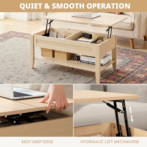 Image of Ink+Ivy Wood Lift Top Coffee Table with Hidden Compartment and Large Storage Shelf, Boho Modern Rattan Dining Rectangle Center Table for Home Living Room Office, 34.5 inch W, Natural