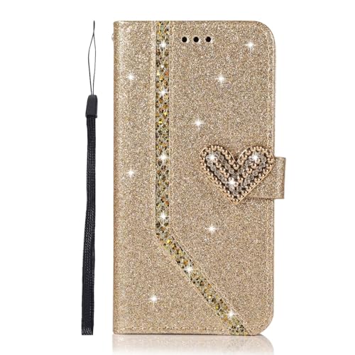 BEENTRYS Cover per Huawei P8 lite 2017 Pelle Portafoglio,Glitter Brillantini Porta Carta Cavalletto Stand Magnetica Flip Caso PU Antiurto Protettiva Custodia per Huawei P8 lite 2017-Oro