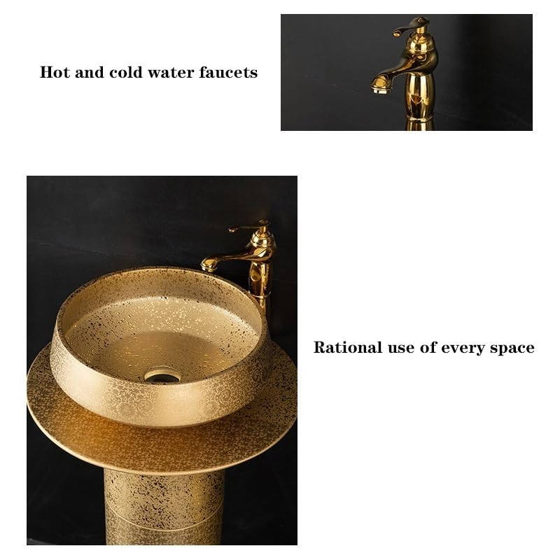 Lavabo de baño Fregadero de pedestal dorado de lujo, lavabo de columna de baño de 3 piezas, lavabo de tocador de baño de pie combinado con grifo, desagüe y espejo Lavabo de pedestal para baño(C)
