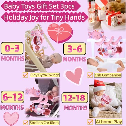 Image of Baby Toys 0-6-12 Months Spiral Car Seat Toy, Infant Stroller Hanging Carseat Rattle Stuffed Animal Newborn Girl Boy Accessories Birthday Gift 0-3-4-5-7-8-9 Month Old Mirror Pink Elephant 3PCS