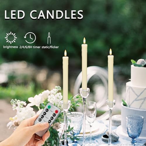 Image of Dripless Flameless Taper Candles with Rmote, 9.6 inch Real Wax Battery Operated Candles with 3D Wick, 3 Pack Led Candle Flickering Candlesticks for Home, Wedding, Party, Ivory