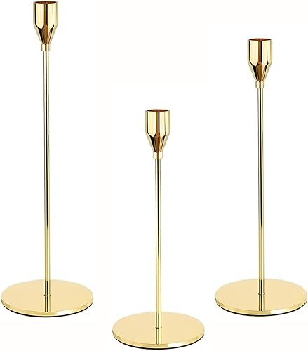 Miniatura 1 de Juego de 3 portavelas doradas para velas cónicas tamaño de 13 pulgadas 11 pulgadas 9 pulgadas portavelas decorativas de mesa para San Valentín