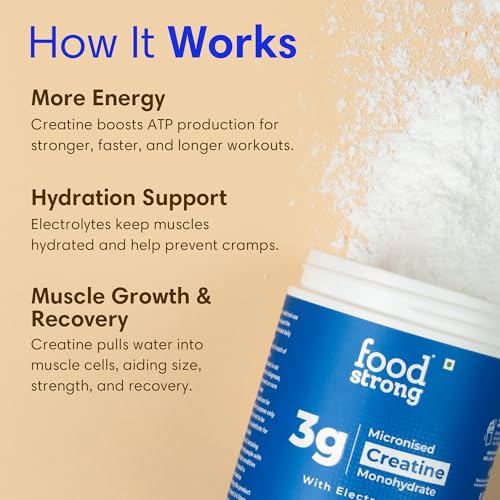 Image of Foodstrong Micronised Creatine Monohydrate Powder With Electrolytes, 3.3g Per Serving, Unflavoured, Supports Muscle Growth & Athletic Performance - 100g (30 Servings)