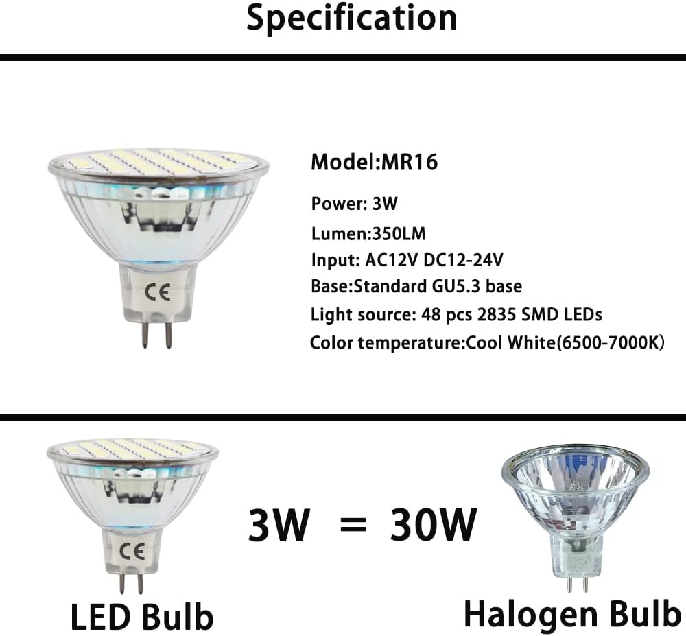 GRV MR16 GU5.3 LED Light Bulb 48-2835SMD AC12V DC12-24V 3W Non Dimmable Glass Cover 30W 35W Halogen Replacement Track Lighting Spotlight Cool White Pack of 2