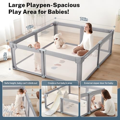 Image of Baby Playpen Portable, Pre-Assembled Play Pen 71x79 Large Foldable Playpen for Babies and Toddlers, Sturdy and Safe Toddler Play Yard Indoor Outdoor with Carry Bag,Light Grey
