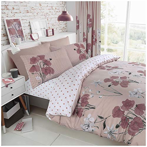 GC GAVENO CAVAILIA Poppy Floral King Size Bedding Set, Reversible Duvet Cover with Pillowcases | Easy Care Cotton Blend Quilt Cover | Soft, Durable and Machine Washable Bed Linen, Blush Pink