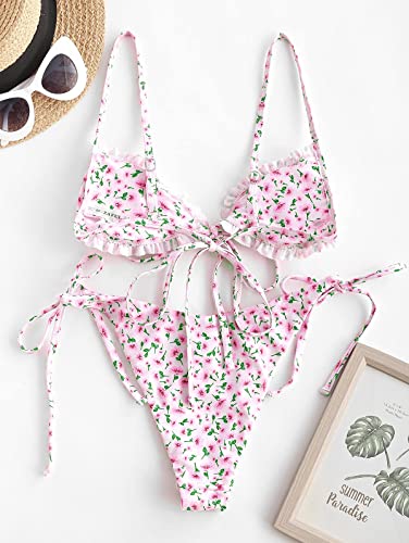 ZAFUL Women's Ditsy Floral Printed Swimsuit Underwired Knotted String Triangle Bikini High Cut Cheeky Bikini Set3