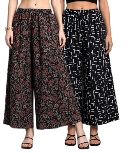 Image of Women Printed Palazzo Pants Combo Pack of 2, Comfortable Elastic Waist Lounge Pants for Women | Relaxed Fit, Loose Fitting Wide Leg Palazzo Pants, Casual Bottom (Available in S to 3XL Size)