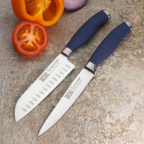Taylors Eye Witness Syracuse Asian Kitchen Knife Set - Chefs Santoku 13cm/5” & Cooks All Purpose 13cm/5” Cutting Edge, Multi Use. Ultra Fine, Razor Sharp Blade. Soft Textured Grip Denim Blue Handle. - Image 2