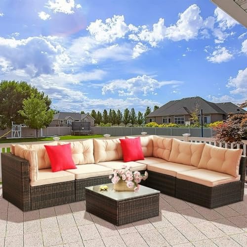 Image of 6 Seater Outdoor Rattan Patio Sofa Sets for Garden Furniture Outdoor Sofa with Glass Top Center Table Multiuse Sofa Set (Beige)