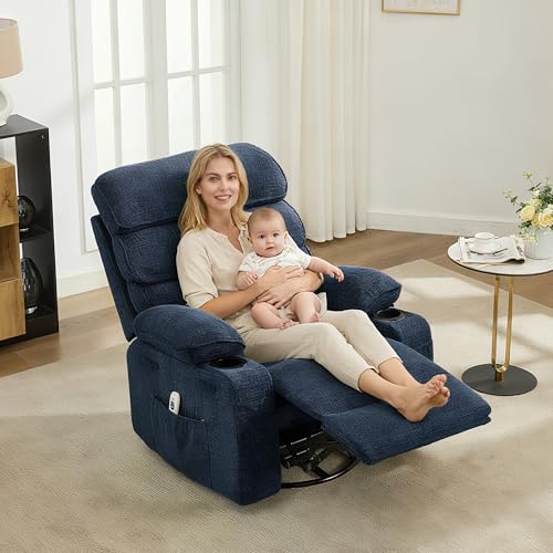 Image of 360 Swivel Rocking Recliner Chair, Upholstered Linen Glider Nursery Chair with Side Pockets, Comfortable Lazy Recliner Single Sofa for Living Room & Small Spaces,Blue
