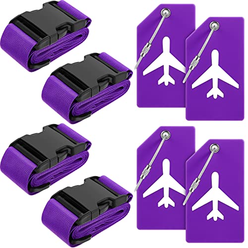Image of 8 Pack Luggage Straps Suitcase Tags Set, Travel Adjustable Suitcase Belt Silicone Luggage Tags with Name ID Card Man Women Travel Accessories, Dark Purple, 2 inches x 72 inches, Airplane