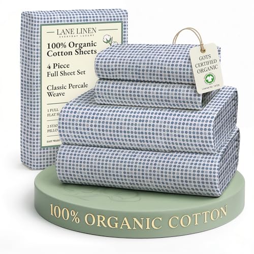 Image of LANE LINEN 100% Organic Cotton Full Sheets Set Soft & Comfy Percale Long Staple Soft Bedding Breathable Fully Elasticized Mercerized Printed Cotton Full Size Set - Polka Dot