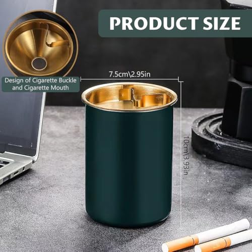 Image of HASTHIP Stainless Steel Green Ashtray, Funnel Lid for Table & Cup Holder | Helps Reduce Ash Scattering, Funnel Opening Supports Cleaner Disposal, Durable Steel Build, Tabletop or Vehicle Placement