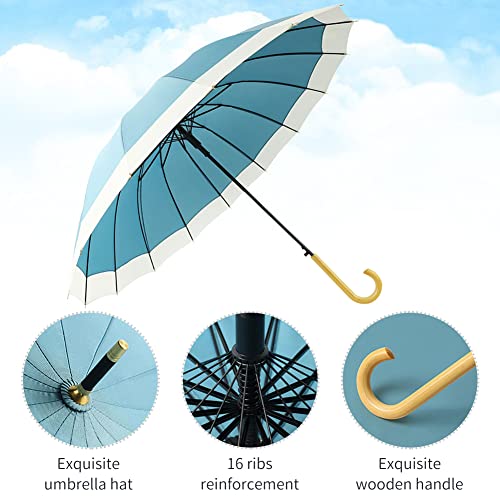 Dlin Stick Umbrella Women Windproof, 16K Ribs Stylish Automatic Open Large Umbrella With Hook Handle Umbrellas For Rain (Blue) #TOP1