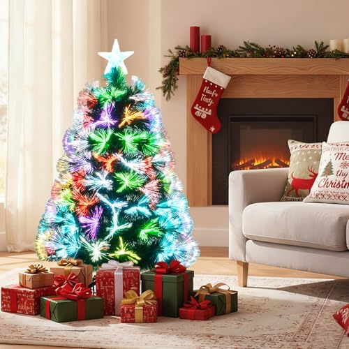 DREAMADE 95 cm Sapin de Noël Artificiel en Fibre Optique, Arbre avec Lueur Multicolore, 93 Branches, Étoile au Sommet et Base Métallique Pliable, Décoration...