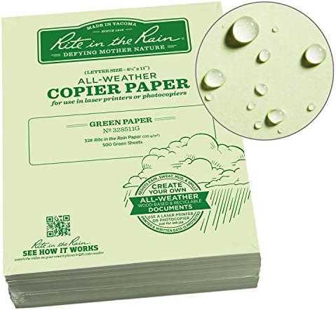 Rite In The Rain Weatherproof Laser Printer Paper, 8 1/2" x 11", 32# Green Colored Printer Paper, 500 Sheet Pack (No. 328511G)
