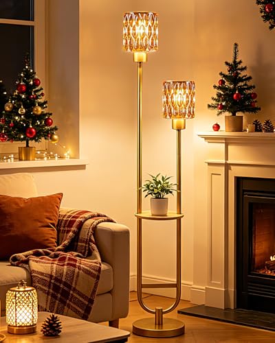 Image of Lightdot 2-Lights Modern Glass Floor Lamp with Shelf Gold Standing Tall Lamps with Amber Glass Shade for Wedding /Party,LED Floor Lamp with Foot Switch for Living Room Bedroom Home Decor