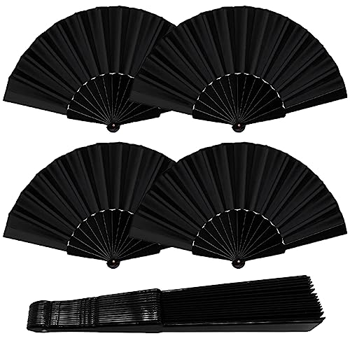 IOUALEY 4 Pcs Folding Hand Fan, Silk Fabric Hand Held Fans Vintage Foldable Fan for Women Wedding Favors Baby Shower Party Gift DIY Craft Home Decoration(Black)