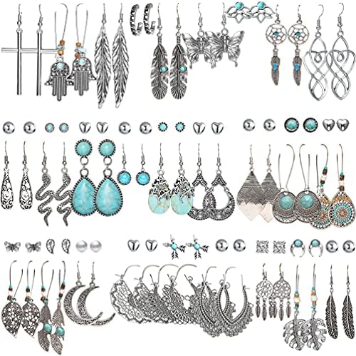 45 Pairs Bohemian Silver Drop Dangle Earrings Set for Women/Girl, Hypoallergenic Fashion Vintage Bronze Waterdrop Dangling Earrings Jewelry for Birthday/Christmas Gift