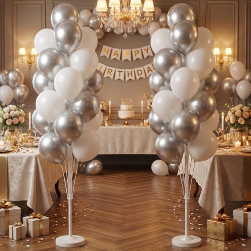 Image of Balloon Column Kit Set of 2 With Balloons Included - with Base, and Pole,Balloon Tower Backdrop Decoration for Wedding, Baby Shower, Birthday Party, or Bachelorette Parties (Silver White)