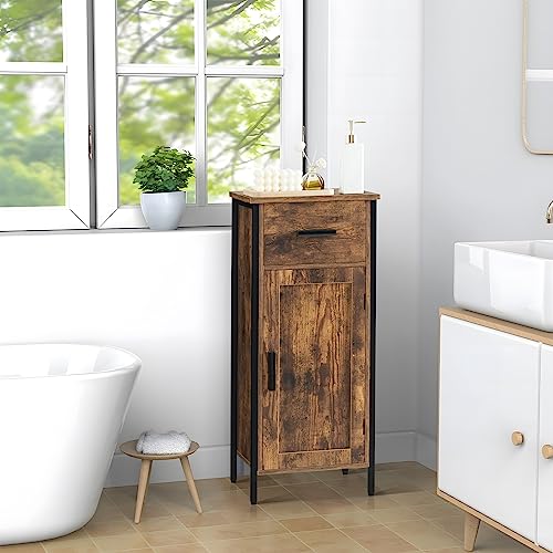 usikey Small Storage Cabinet, Narrow Cabinet with 1 Door and 1 Drawer, Industrial Side Cabinet with 2 Shelves, Nightstand, Small Cabinet for Living Room, Kitchen, Office, Brown YSNG011F