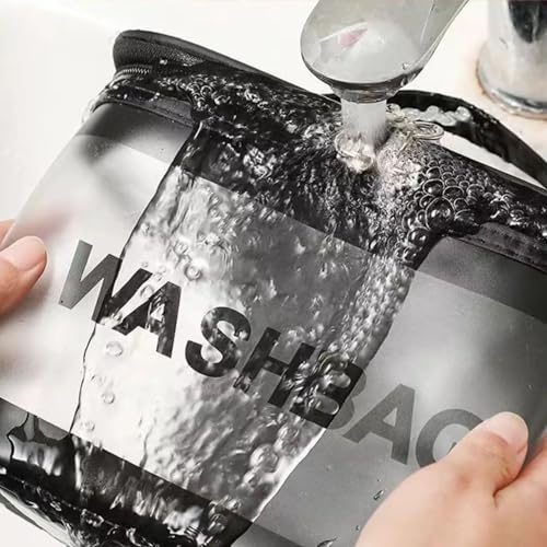Image of Transparent and PU Waterproof Cosmetic Wash Bag (Black, Square Shape) - Travel Toiletry Organizer Pouch with Zipper & Handle for Makeup & Skincare (21.5W x 15B x 16H cm, Pack of 1)