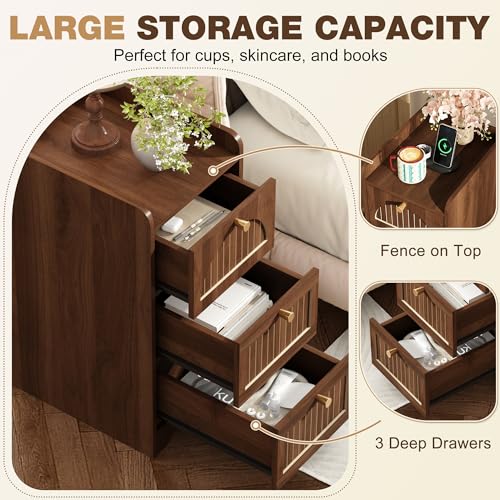 Image of 11.02 inch Narrow Nightstand Set of 2, Fluted Slim Bedside Table with 2 Drawers, Mid Century Modern Small End Table with Gold Metal Handles, for Bedroom, Living Room & Small Spaces - Walnut