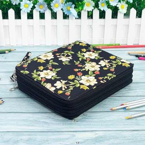 Image of YOUNGCOL 120 Slots Colored Pencil Case Color Pencil Organizer Storage Large Capacity Pencil Case (Black + Retro Flower)