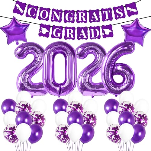 Image of KatchOn, Purple Graduation Decorations 2026 - Pack of 31 | 40 Inch, Purple 2026 Balloons, Congrats Grad Banner for Graduation Decorations Class of 2026 | Grad Decoration