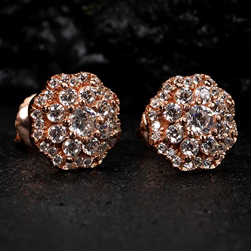 Women’s Men’s Pink Rose Gold Plated 925 Sterling Silver Iced CZ Circle Flower Cluster Hypoallergenic Round Hip Hop Trendy Fashion Cubic Zirconia Stud Screw Back Earrings3