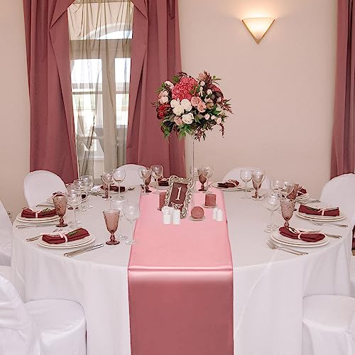 Image of 12 Pack 12x108 Inch Satin Table Runner and 84 Inch Round Plastic Tablecloths Set White and Rose Gold Disposable Round Table Cover for Graduation Wedding Shower Anniversary Birthday Party Decorations