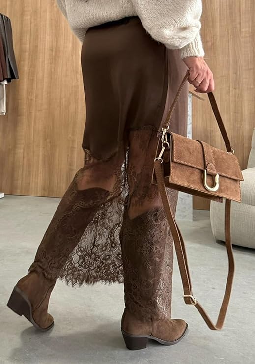 Satin Skirts for Women High Waist Lace Skirts Y2K Elegant Lace Patchwork Skirt Solid Silk Wrap Maxi Skirts 2026 - Image 3