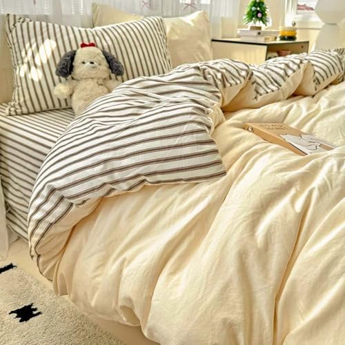 Image of Nayoroom Yellow Duvet Cover Queen Reversible Brown Striped Bedding Set