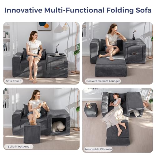 Image of MAXYOYO Folding Sofa Couch, Convertible Floor Sofa with Armrest, Multifunctional Sofa with Pillow and Pockets, Boneless Couch for Living Room, Dark Grey