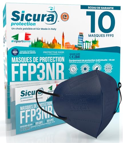 10x Masque FFP3 Bleu élastiques noirs certifié CE fabriqué en Italie Haute Filtration Plus élevée BFE ≥99% PFE≥99% Masques 10 pièces Scellés...