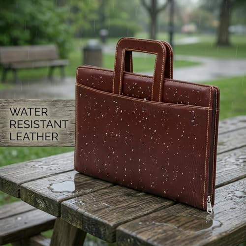 Image of STREPE ZK Brown, Leather File Organizer Bag with Handle, Zipper Portfolio Folder for Documents, Certificates, Cards & Tablet, Office Business Travel Case for Men & Women
