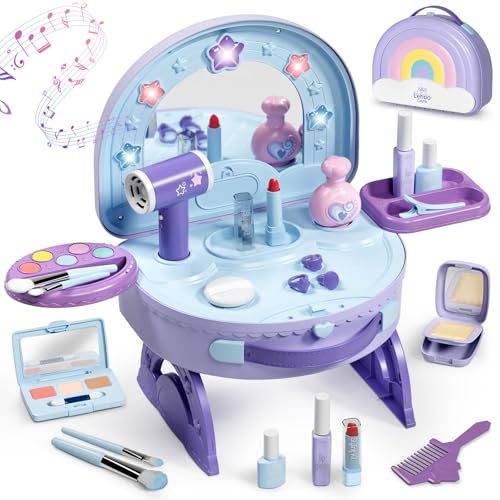 Lehoo Castle Kids Vanity Toys for 3 4 5 Year Old Girls 2-in-1 Portable Dressing Table with Pretend Makeup Set Toddler Vanity with Lights and Music Birthday Gifts for Girl Aged 3+